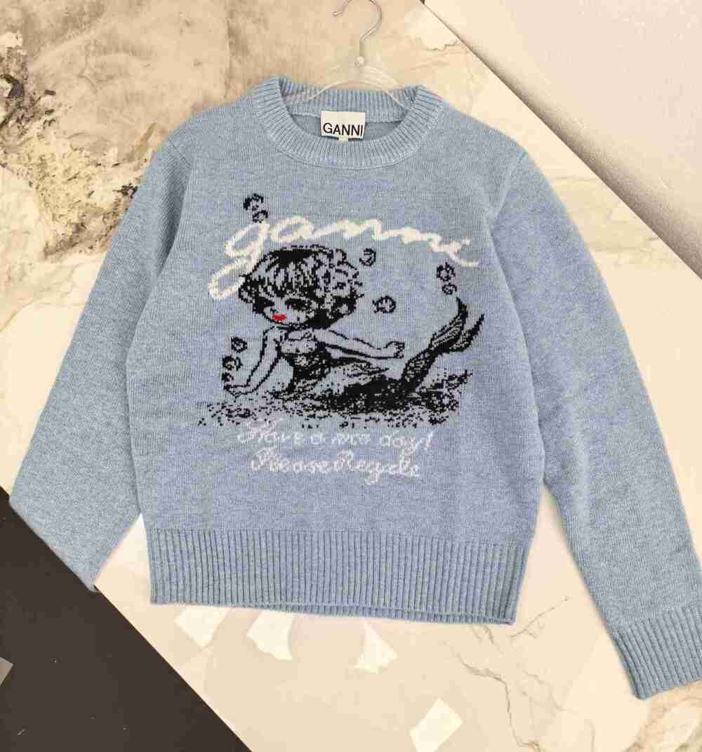 GANNI Heather Blue Mermaid Long Sleeve Crewneck Knitted Jumper - Picture 6 of 6